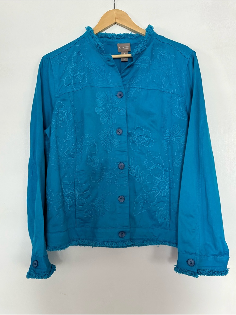 Chico's Teal Floral Embroidered Button Jacket